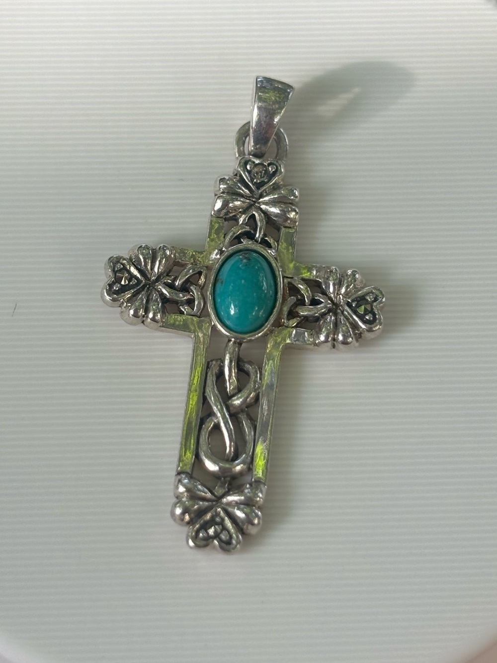 Vintage Ireland Sterling Silver 925 Turquoise Cross Pendant Ornate SD Hallmark